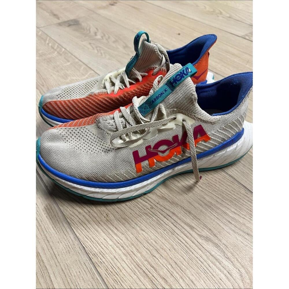 Hoka Carbon X 3 running shoes in the Evening Primrose Scuba Blue colorway